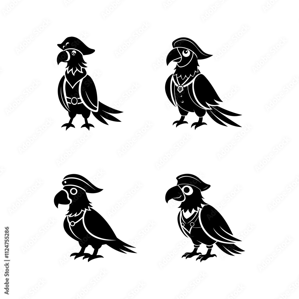 Obraz premium Set of Pirate Parrot silhouette, black and white silhouette, vector and&nbsp;illustration