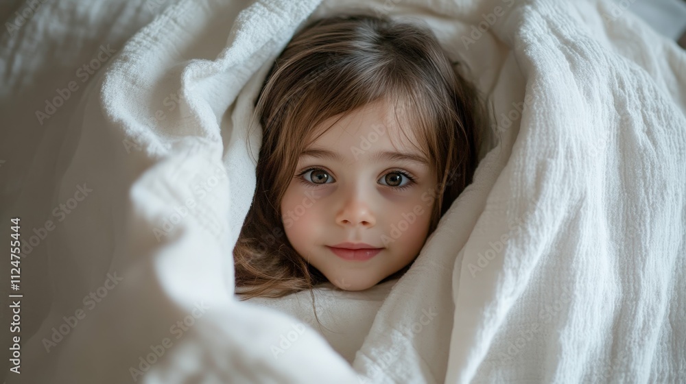 little girl peeking out from under a white blanket in a cozy room natural soft light and a playful atmosphere little girl peeking out from under a white blanket in a cozy room natural soft light and a playful atmosphere