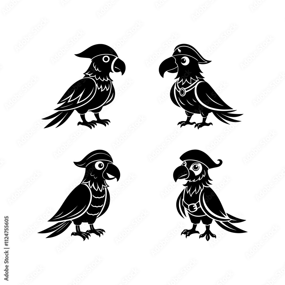 Set of Pirate Parrot silhouette, black and white silhouette, vector and illustration Set of Pirate Parrot silhouette, black and white silhouette, vector and illustration