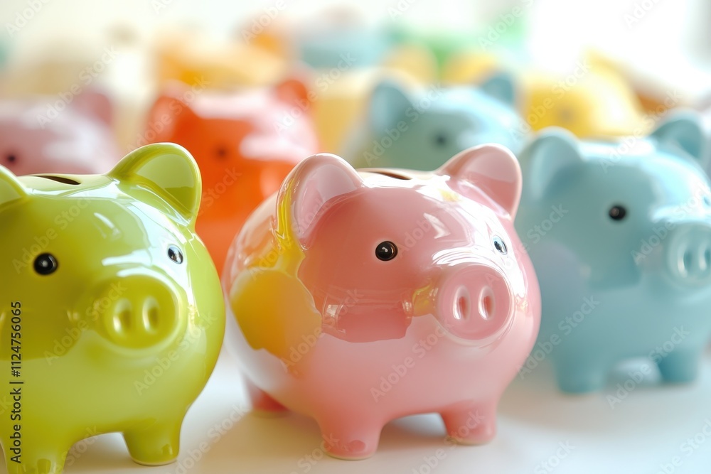 Colorful piggy banks ceramic piggy banks close-up pastel colors soft focus variety of colors Colorful piggy banks ceramic piggy banks close-up pastel colors soft focus variety of colors