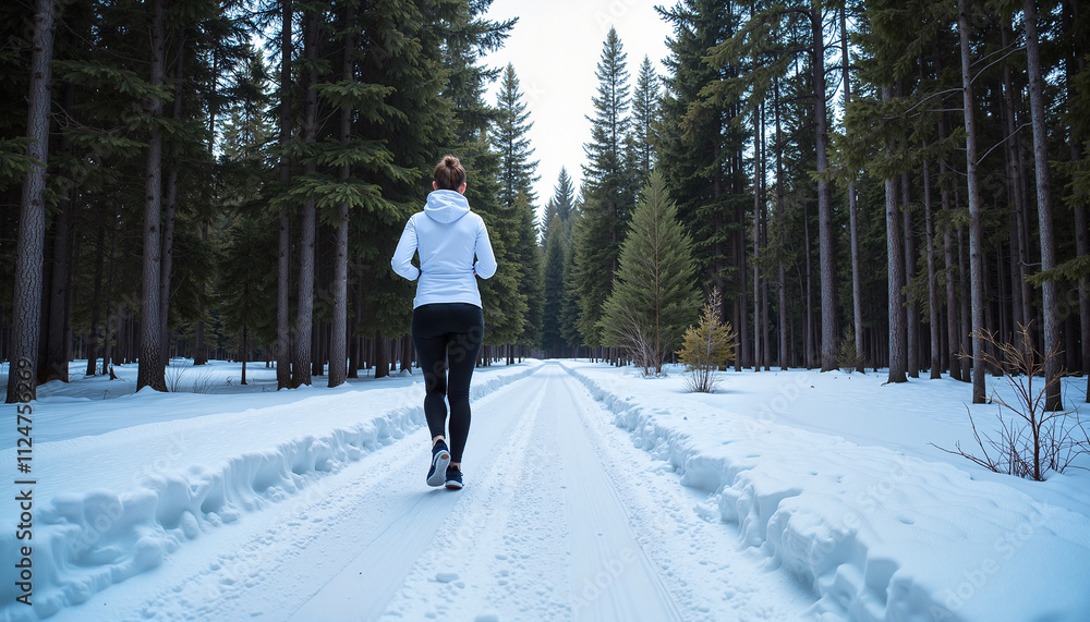 Woman jogging in the snow-covered forest during winter Woman jogging in the snow-covered forest during winter