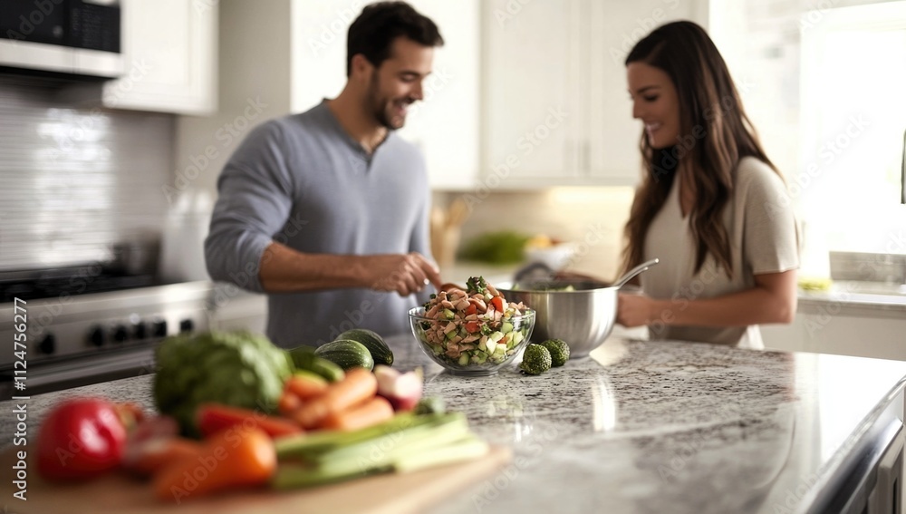 Happy couple standing in kitchen at home preparing together yummy dinner on first dating, spouses chatting enjoy warm conversation and cooking process, caring for health, eating fresh salad Happy couple standing in kitchen at home preparing together yummy dinner on first dating, spouses chatting enjoy warm conversation and cooking process, caring for health, eating fresh salad