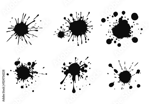 black liquid, black blood drop splatter stain art illustration on a white background.