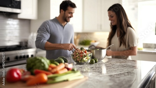 Happy couple standing in kitchen at home preparing together yummy dinner on first dating, spouses chatting enjoy warm conversation and cooking process, caring for health, eating fresh salad