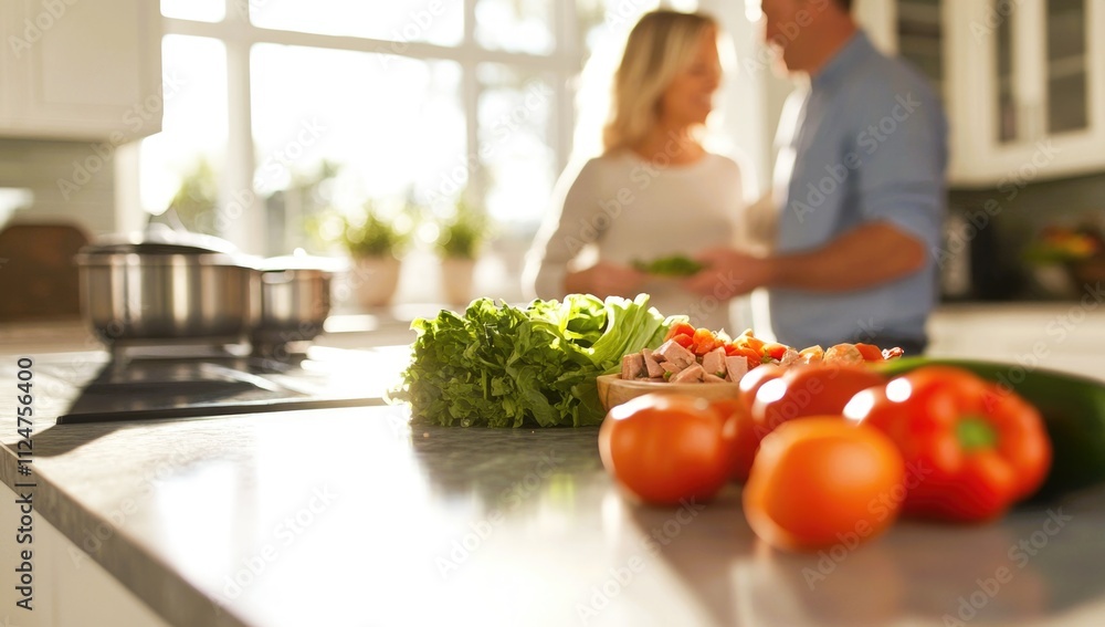 Happy couple standing in kitchen at home preparing together yummy dinner on first dating, spouses chatting enjoy warm conversation and cooking process, caring for health, eating fresh salad Happy couple standing in kitchen at home preparing together yummy dinner on first dating, spouses chatting enjoy warm conversation and cooking process, caring for health, eating fresh salad