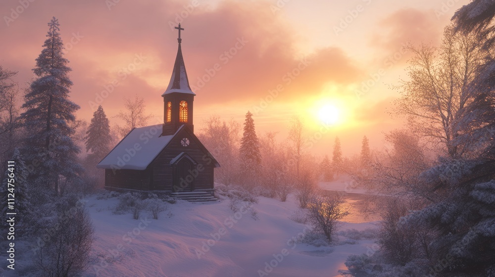 Fototapeta premium A church surrounded by Christmas trees in the winter season