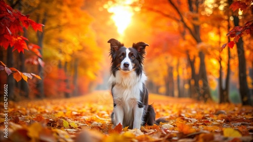 Autumn Bliss: A Border Collie Joyfully Strolling Through Vibrant Fall Leaves in Nature's Colorful Palette