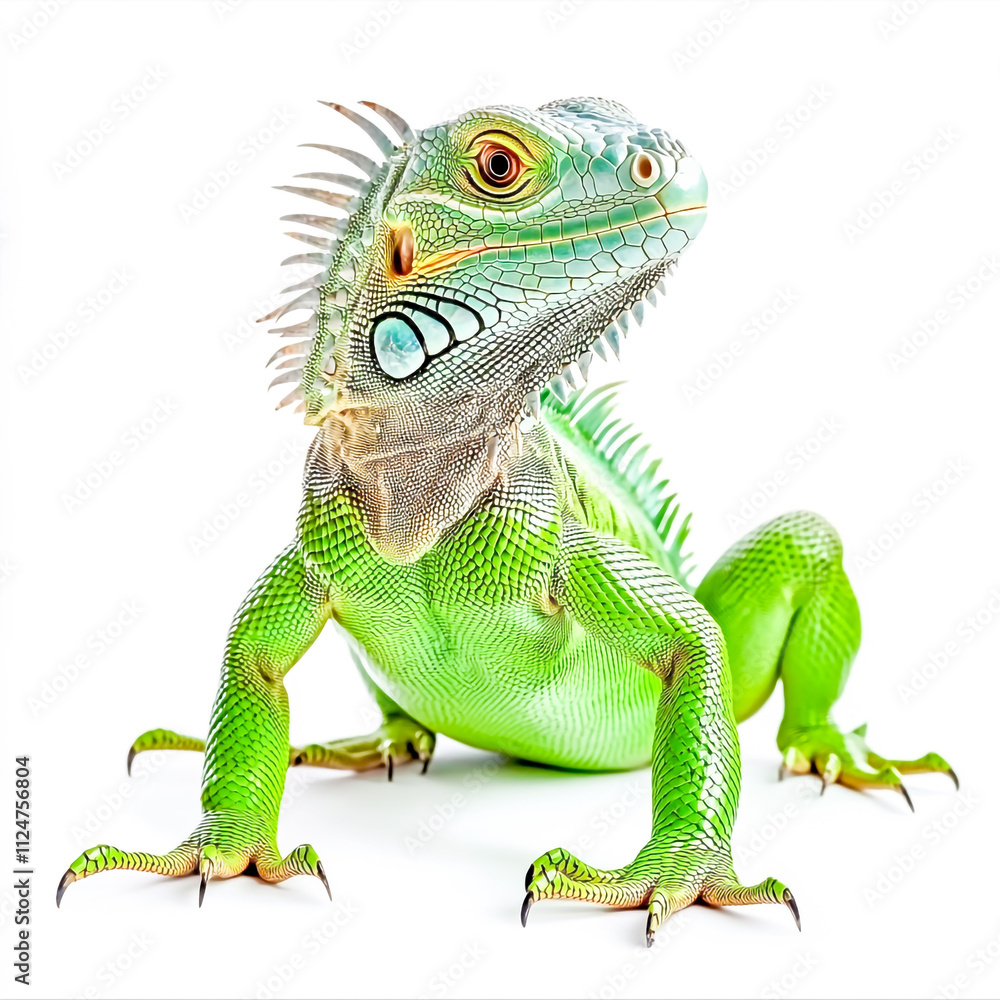 Iguana with green scaly skin standing isolated on white background Iguana with green scaly skin standing isolated on white background