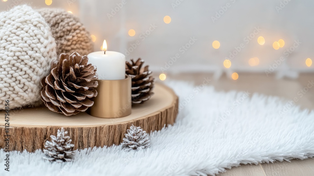 A rustic wooden bench holds a cozy blanket, while pine cones lie on the floor, enhancing the winter home decor vibes in the living room A rustic wooden bench holds a cozy blanket, while pine cones lie on the floor, enhancing the winter home decor vibes in the living room