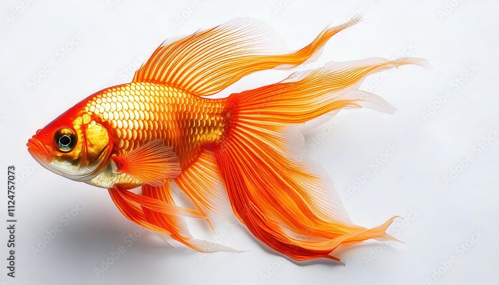 Fototapeta premium Golden Fish with Flowing Fins: A mesmerizing close-up of a vibrant goldfish with delicate, flowing fins, showcasing its beauty and grace. 