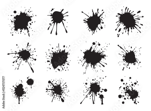 Ink drops and splashes, blotter spots, liquid paint drip, ink splatter, black artistic grunge abstract spots, monochrome drip splash, messy inkblot, vector set, paint texture, artistic