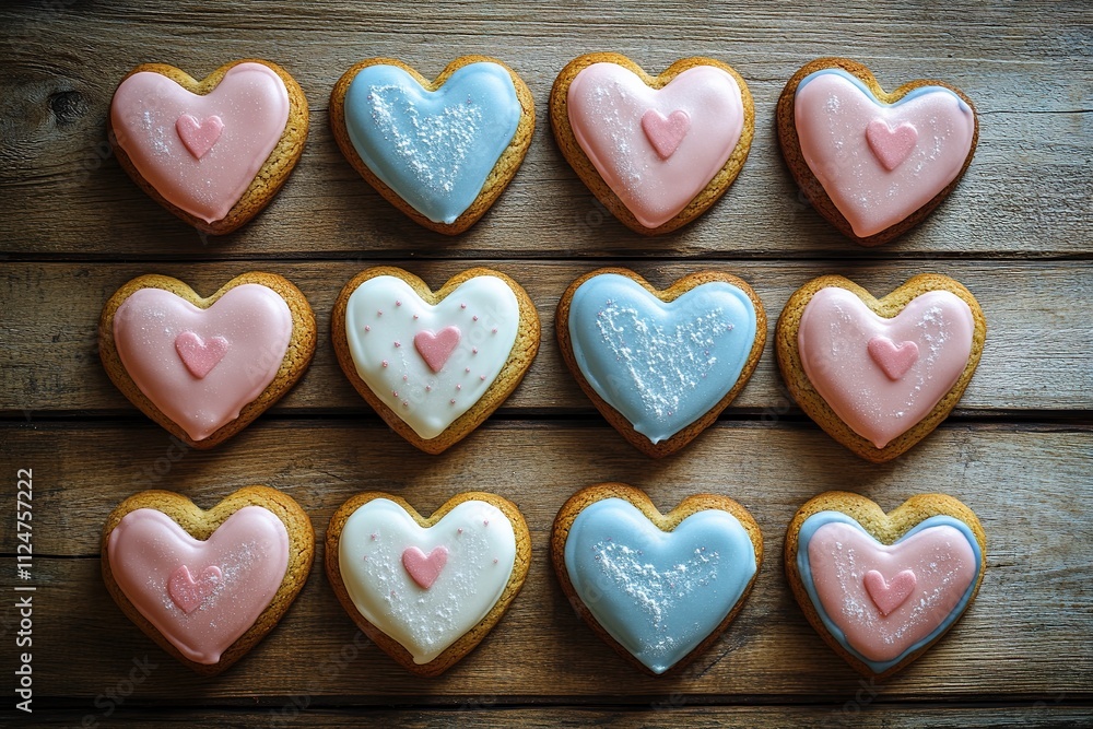 Fototapeta premium flat-lay arrangement of heart-shaped cookies decorated with icing on wooden surface natural light creating copy space