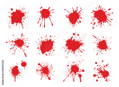 set of ink blots,  Ink drops and splashes, blotter spots, liquid paint drip, ink splatter, red artistic grunge abstract spots, monochrome drip splash, messy inkblot, vector set, paint texture