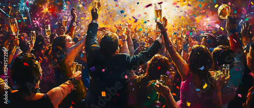 A lively New Yeara??s Eve party with champagne, confetti, and cheering crowds in a vibrant festive setting photo