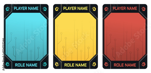 game card trading template bundle with technology modern theme and blue, gold and ruby color. game border, playing card template