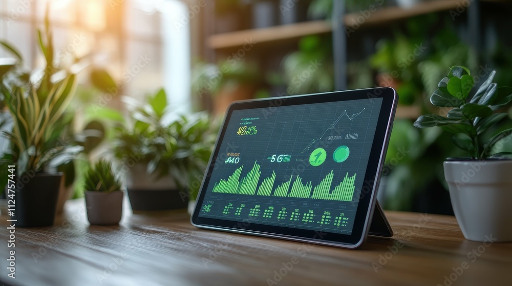 Tablet screen displaying business growth charts and eco-friendly goals bright professional office lighting futuristic corporate theme