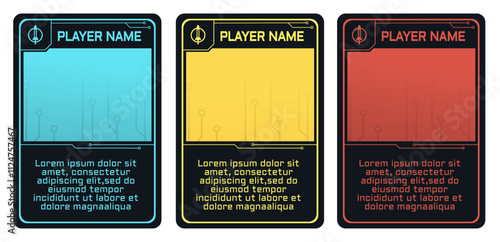 game card trading template bundle with technology modern theme and blue, gold and ruby color. game border, playing card template