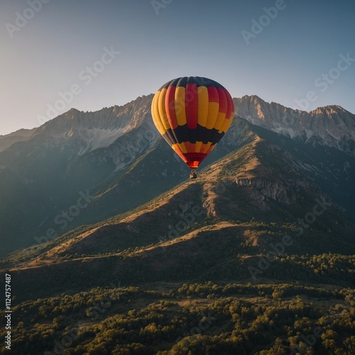 A hot air balloon floating near a mountain range. photo