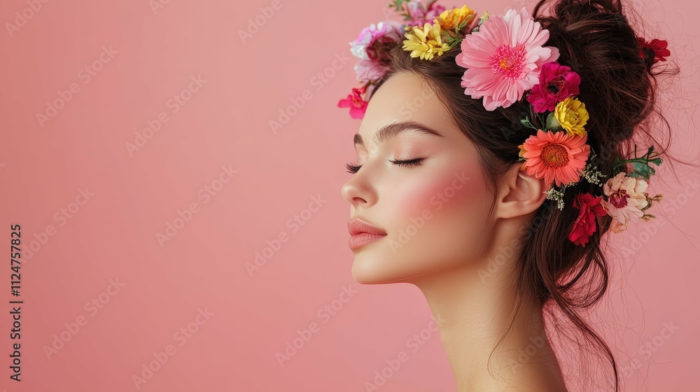profile of a woman with colorful flowers in her hair pink background artistic studio lighting with soft shadows profile of a woman with colorful flowers in her hair pink background artistic studio lighting with soft shadows