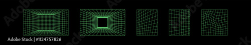 Abstract green wireframe grid patterns forming rectangular and warped 3D shapes on a black background, showcasing futuristic design. Isolated vector