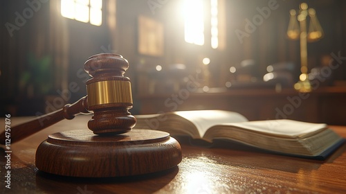 wooden judge's gavel with open legal books on a desk courtroom blurred background warm studio lighting