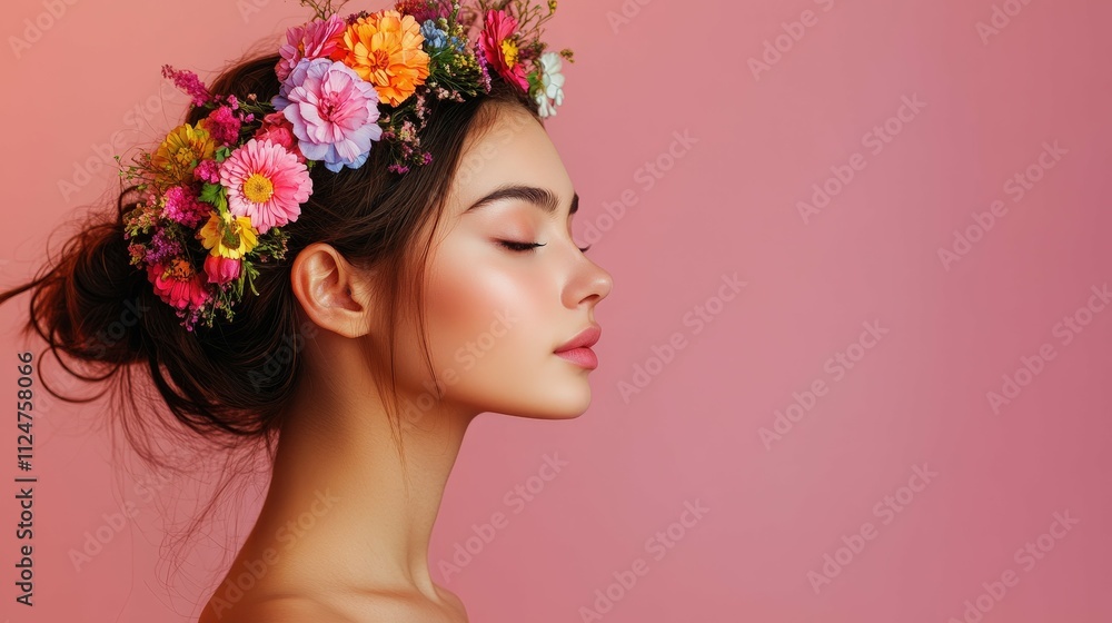 profile of a woman with colorful flowers in her hair pink background artistic studio lighting with soft shadows profile of a woman with colorful flowers in her hair pink background artistic studio lighting with soft shadows