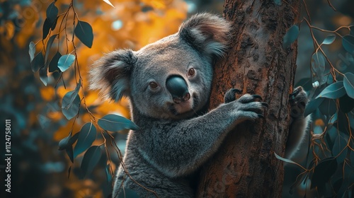 Koala bear hugging a eucalyptus tree trunk in a forest. photo