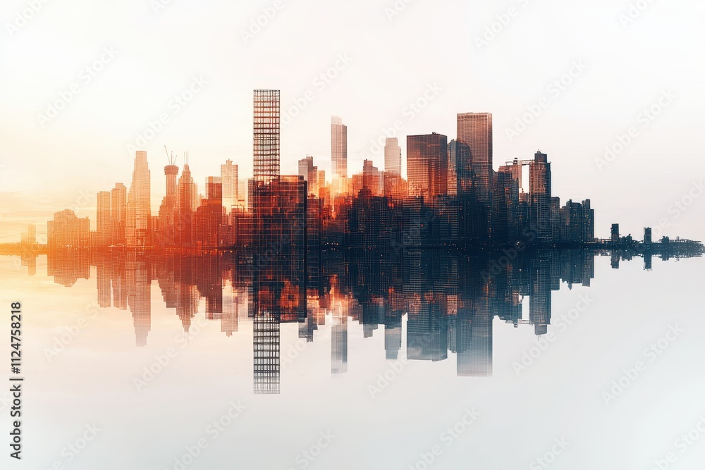 Obraz premium A serene city skyline reflecting on water, bathed in warm hues, showcasing modern architecture and a tranquil atmosphere.