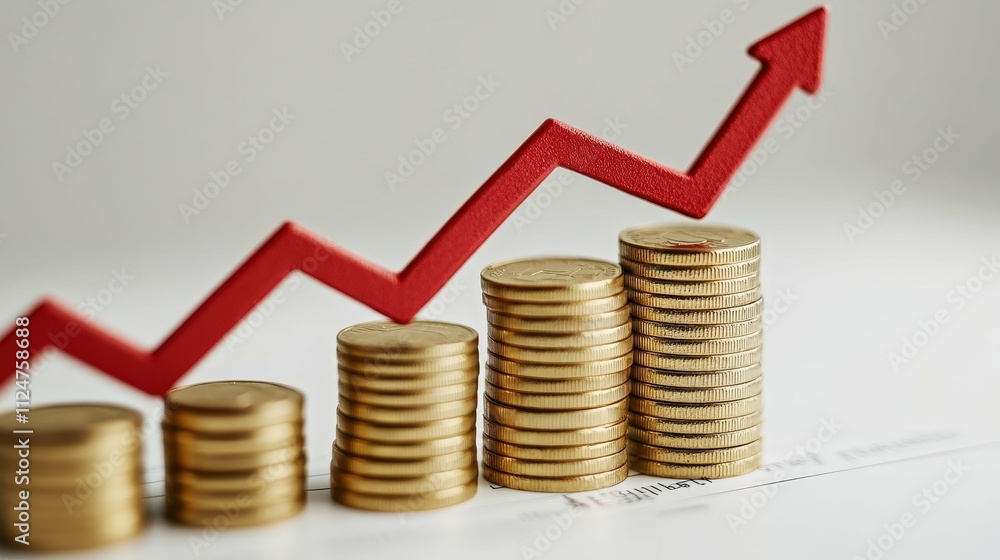 Red upward arrow graph with stacks of gold coins and house models on a white background studio lighting Red upward arrow graph with stacks of gold coins and house models on a white background studio lighting