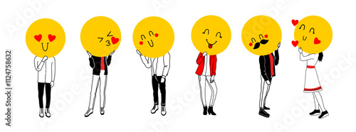 Young people holding large faces emoji instead of heads. Big round colorful heads with different facial expressions. Man showing like and love. Heart love Valentine's day emoji set. .