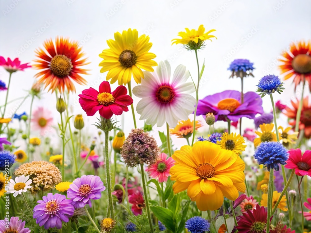 Fototapeta premium A Vibrant Array of Colorful Wildflowers Blooming Beautifully on a Clean and Serene White Background, Perfect for Nature Lovers and Floral Enthusiasts in Search of Colorful Imagery