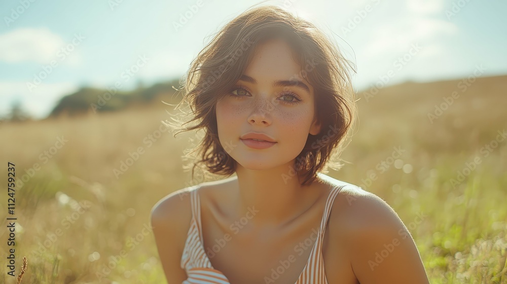 Young woman in a striped dress posing in a sunny meadow looking confidently into the camera simple natural background Young woman in a striped dress posing in a sunny meadow looking confidently into the camera simple natural background