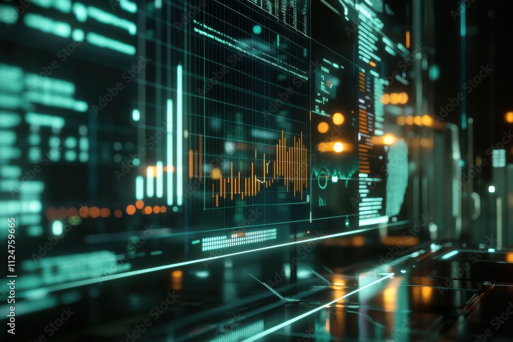Futuristic stock market data visualization glowing line and bar charts Futuristic stock market data visualization glowing line and bar charts