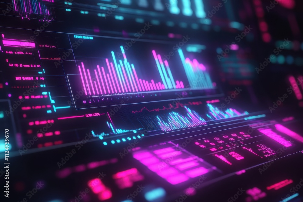 Futuristic stock market data visualization glowing line and bar charts Futuristic stock market data visualization glowing line and bar charts