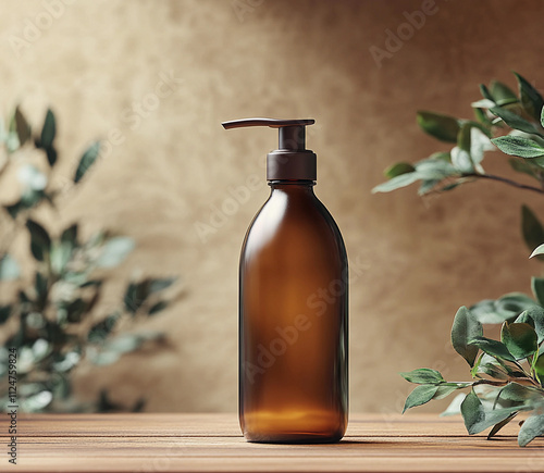 Mockup brown bottle with a pump shower gel for personal hygiene in a natural background with leaves and sandalwood. Shampoo, organic soap