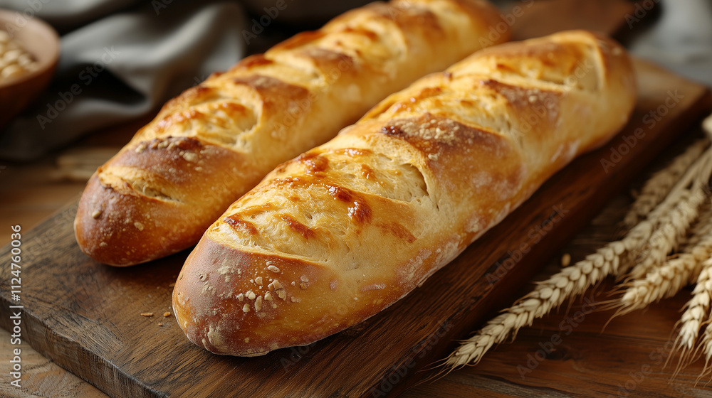 Freshly baked rustic bread loaves with golden crust on a wooden board, surrounded by wheat stalks and a cozy kitchen atmosphere. Artisan bread perfect for food lovers Freshly baked rustic bread loaves with golden crust on a wooden board, surrounded by wheat stalks and a cozy kitchen atmosphere. Artisan bread perfect for food lovers