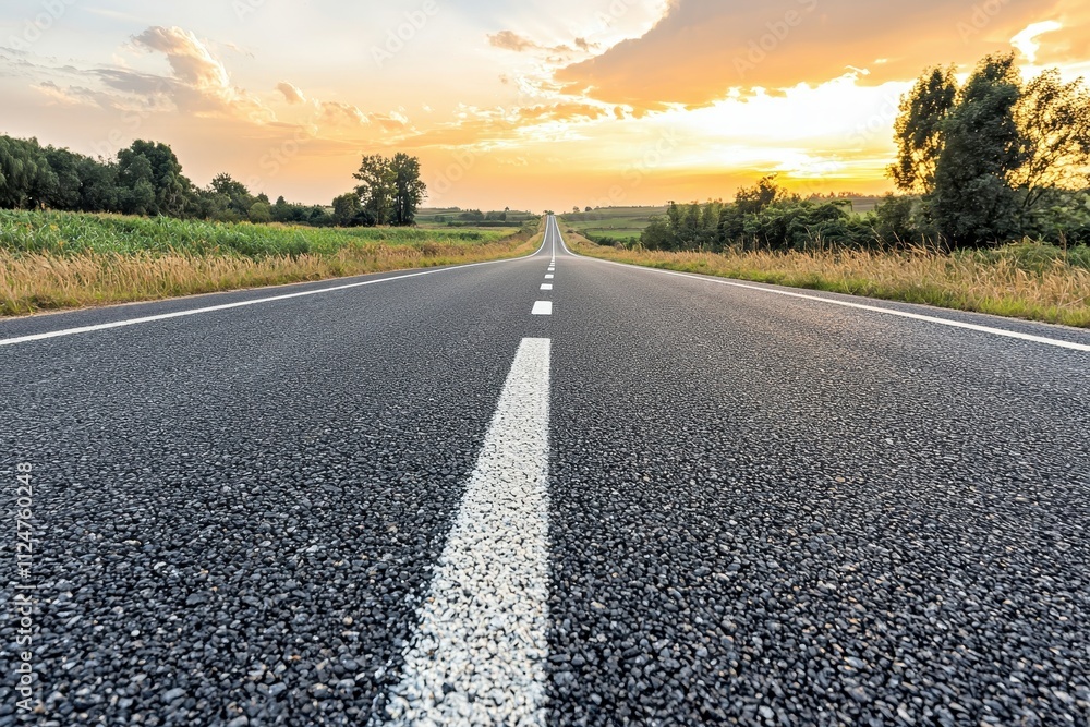 A serene road stretches into the horizon, flanked by lush greenery under a vibrant sunset sky. A serene road stretches into the horizon, flanked by lush greenery under a vibrant sunset sky.