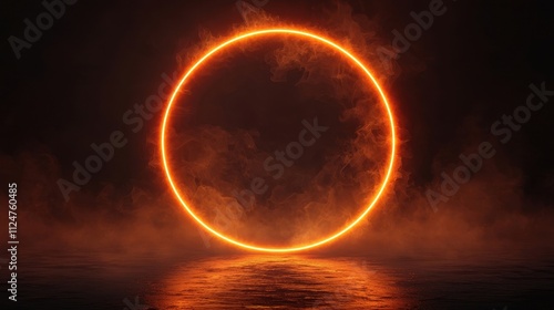 Glowing Circular Frame with Orange Light in Dark Atmosphere