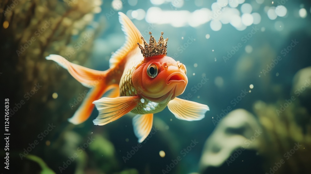A whimsical depiction of a fish wearing a tiny crown, swimming playfully. A whimsical depiction of a fish wearing a tiny crown, swimming playfully.