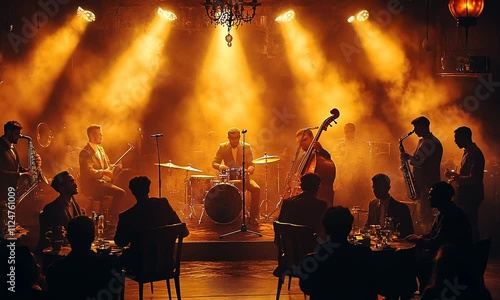A jazz band performs in a smoky, atmospheric setting.