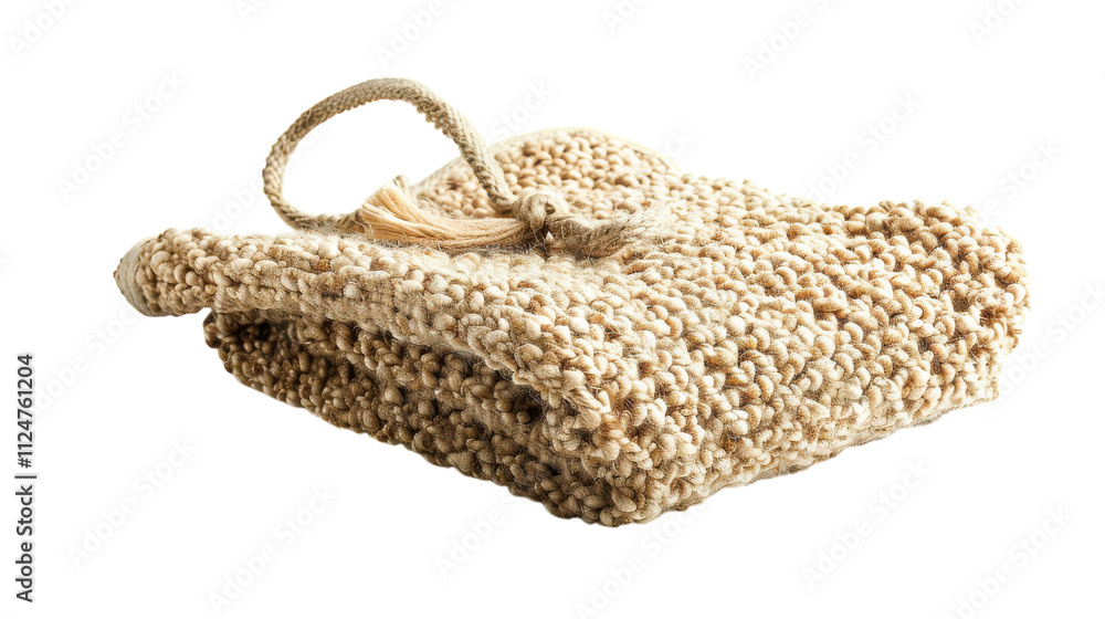 Fototapeta premium A handmade burlap pouch with a decorative tassel, perfect for storing small items, displayed on a white background on transparent background