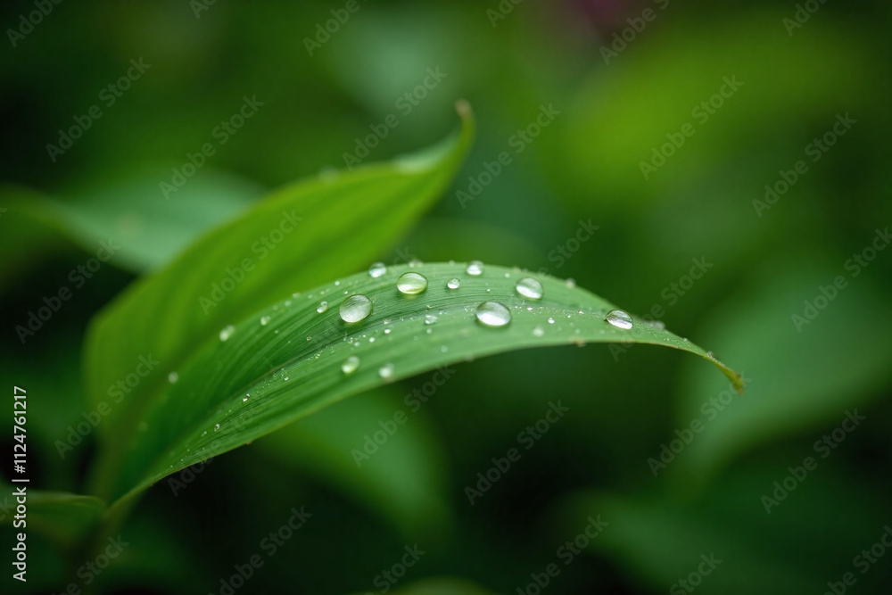 Obraz premium Close-up single green leaf water droplets background green environment