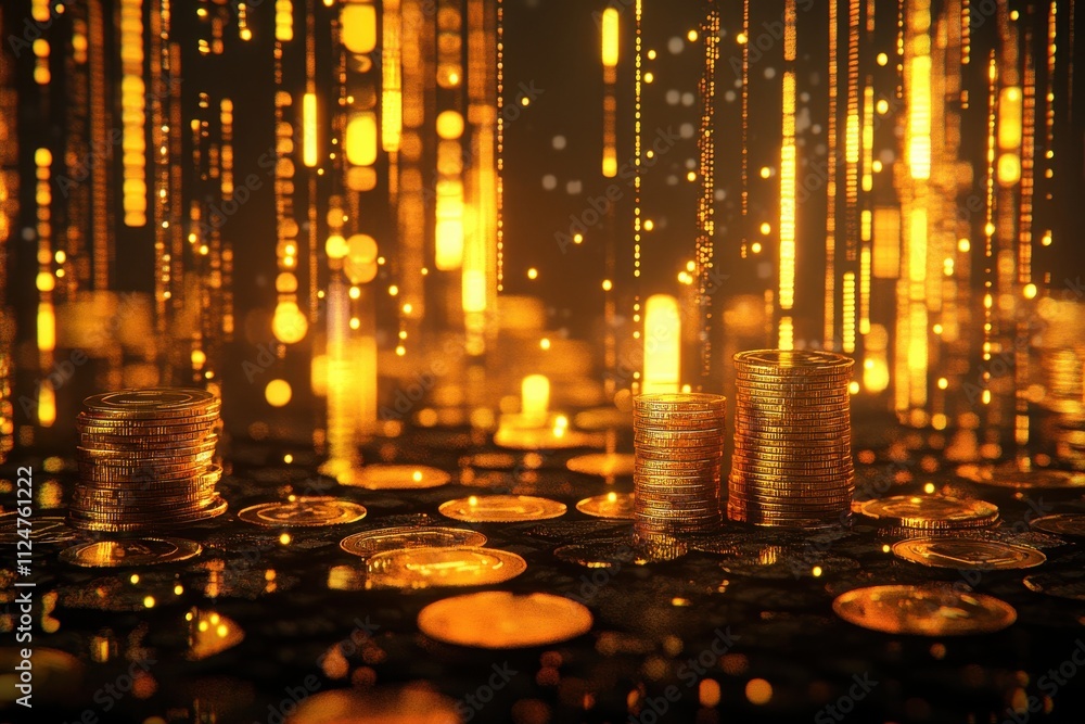 Gold coins stacked blurred background shiny golden reflections soft focus, warm lighting financial wealth luxury concept close-up Gold coins stacked blurred background shiny golden reflections soft focus, warm lighting financial wealth luxury concept close-up