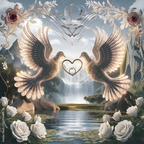 3D  illustration romantic fantasy  two exquisite doves elegantly