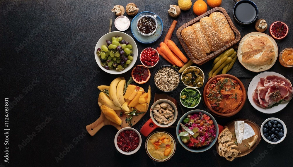 custom made wallpaper toronto digitalA tabletop filled with a variety of foods arranged beautifully for a top-down view.