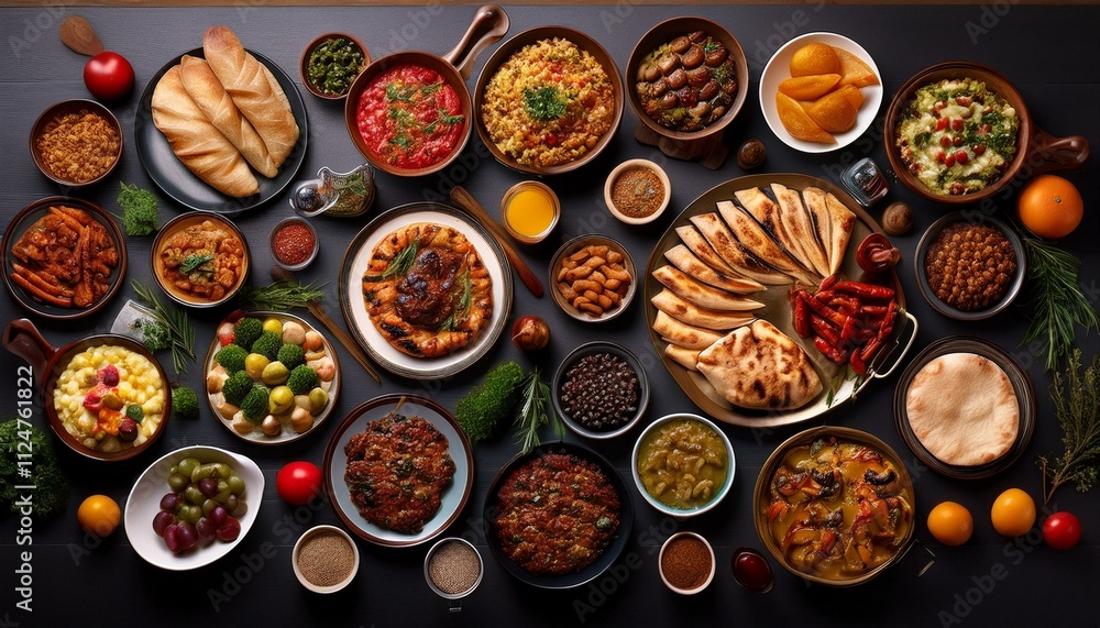 A tabletop filled with a variety of foods arranged beautifully for a top-down view. A tabletop filled with a variety of foods arranged beautifully for a top-down view.
