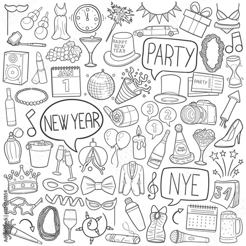 New Year Eve Doodle Icons Black and White Line Art. Holiday Clipart Hand Drawn Symbol Design.