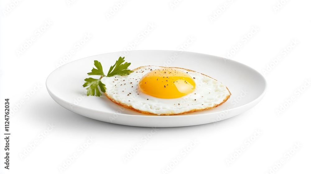 Freshly Cooked Fried Egg with Bright Yellow Yolk on White Plate with Garnish of Green Parsley and a Touch of Black Pepper for Culinary Presentation Freshly Cooked Fried Egg with Bright Yellow Yolk on White Plate with Garnish of Green Parsley and a Touch of Black Pepper for Culinary Presentation