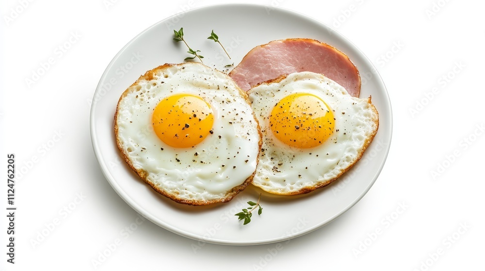 Freshly Cooked Sunny-Side Up Eggs with Ham Slice Served on a White Plate Surrounded by Fresh Thyme Leaves for a Healthy Breakfast Option Freshly Cooked Sunny-Side Up Eggs with Ham Slice Served on a White Plate Surrounded by Fresh Thyme Leaves for a Healthy Breakfast Option