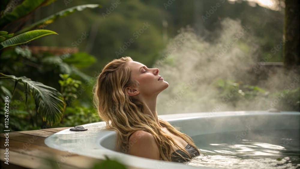 Woman Relaxing in Hot Tub Serene Outdoor Spa Scene Woman Relaxing in Hot Tub Serene Outdoor Spa Scene